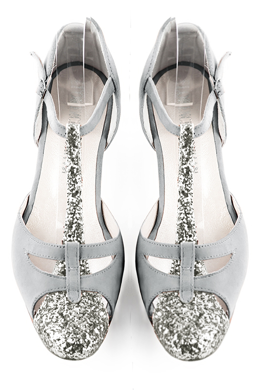 Light silver and pearl grey women's T-strap open side shoes. Round toe. Low comma heels. Top view - Florence KOOIJMAN
